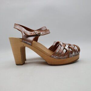 Toffel SWEDISH HASBEEN Brown Silver Leather Women's EU 37 Wooden Clog Sandal